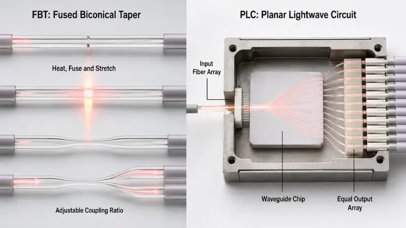FBT and PLC optical splitter working principles with fused taper fibers and planar waveguide chip FBT and PLC optical splitter working principles with fused taper fibers and planar waveguide chip