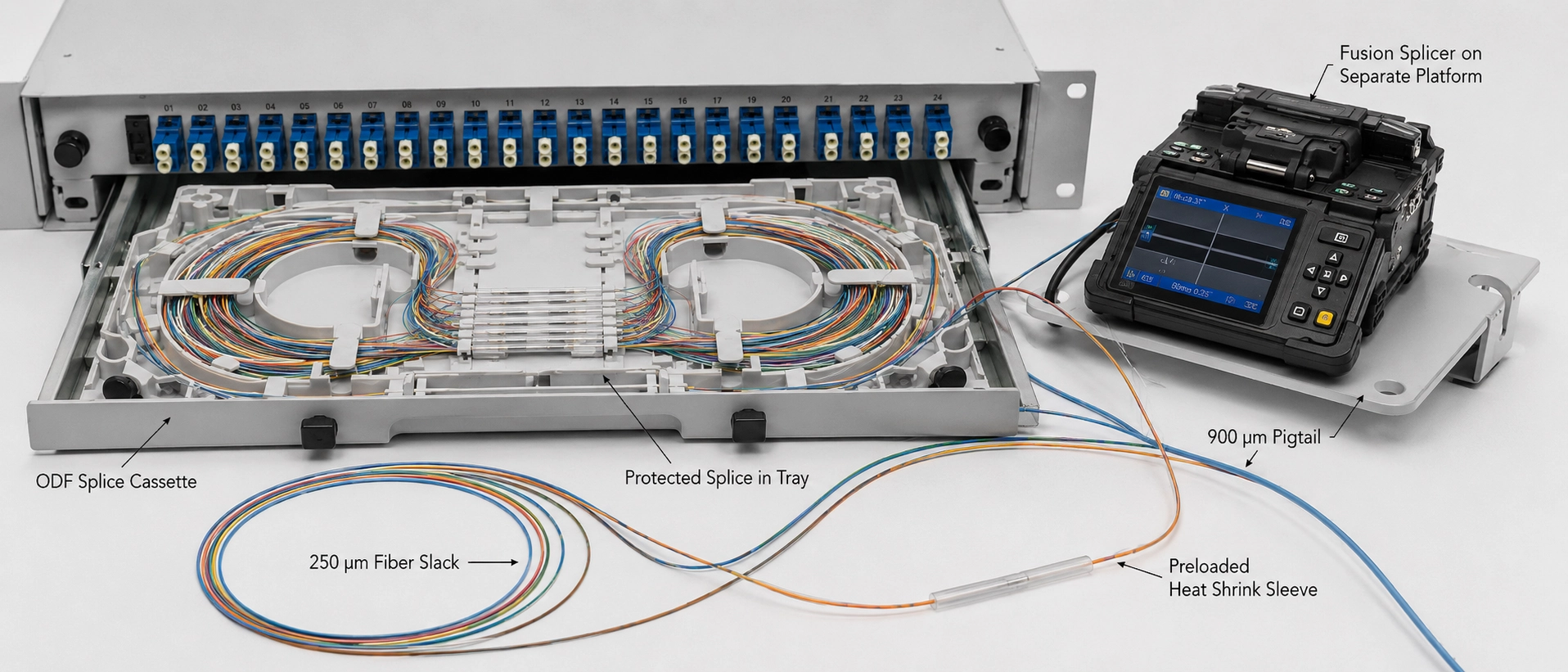 High density fiber optic splice cassette showing 250um pigtail routing management tray inside ODF enclosure High density fiber optic splice cassette showing 250um pigtail routing management tray inside ODF enclosure